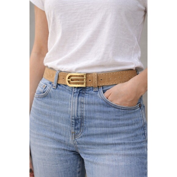 Paris Suede Leather Belt 46” Top Grain Cowhide Tan Minimalist Gold Buckle main image 5